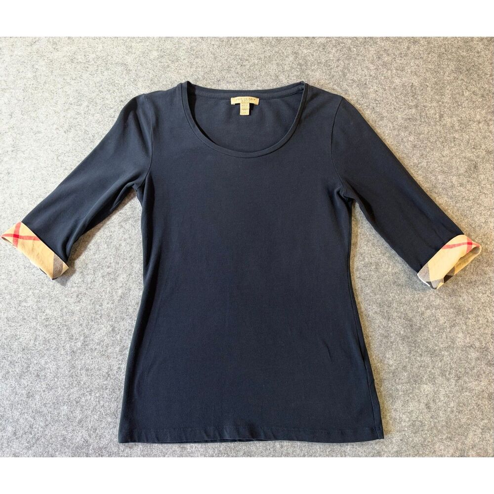 Burberry Brit Scoop Neck 3/4 Sleeve Nova Check Tee Navy Blue XS Old Money Prep